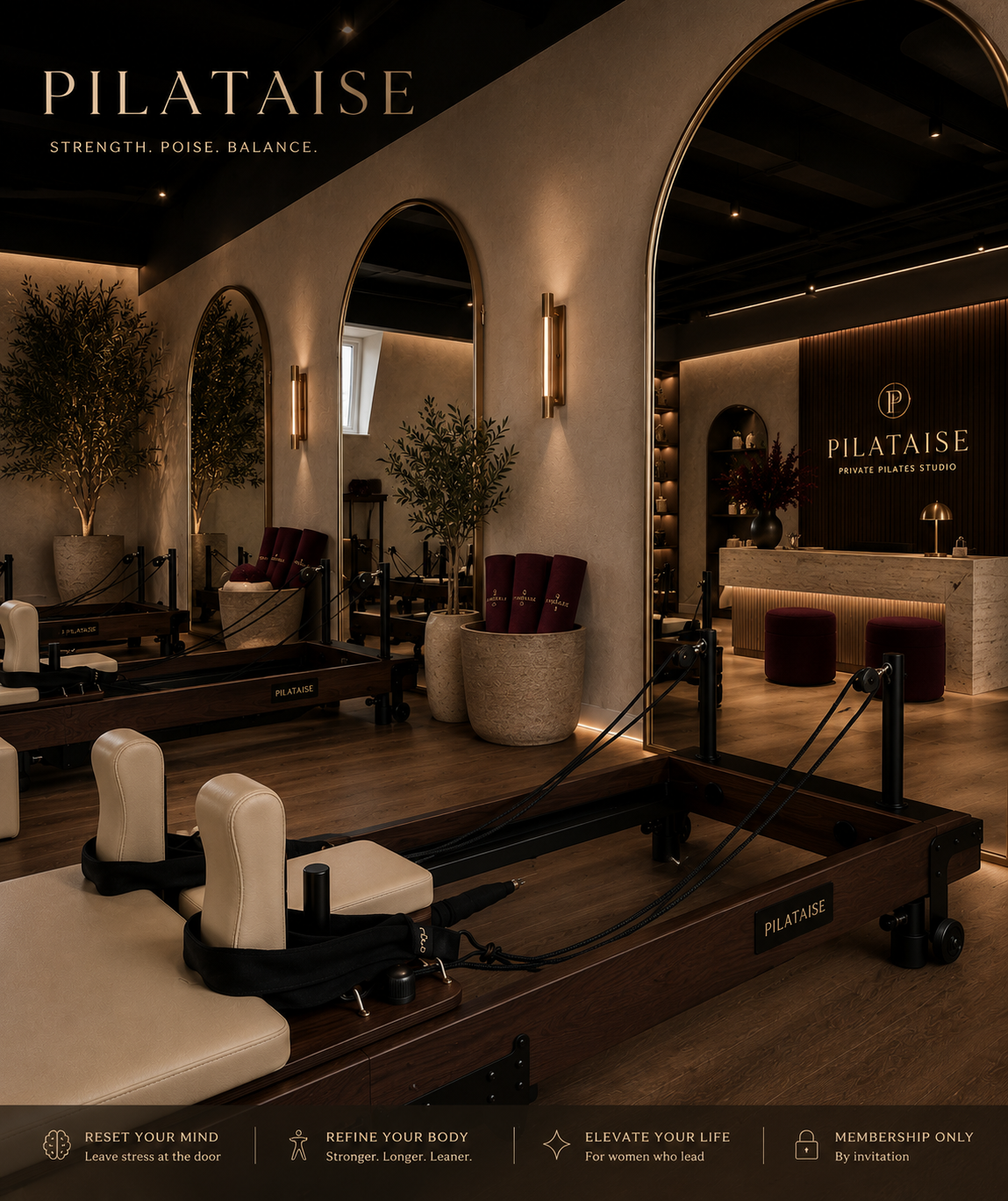 The Pilataise studio interior with walnut reformers, arched mirrors, and warm brass lighting